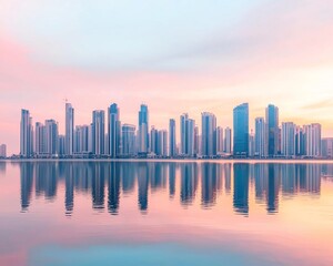 Obraz premium A serene skyline reflecting beautifully on the water at sunset with pastel colors illuminating city buildings.