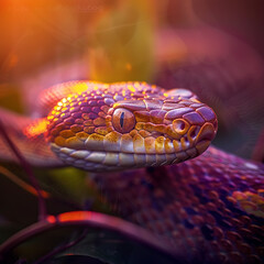 Fototapeta premium Captivating Close-Up of a Vibrantly Colored Snake Glimmering in Natural Light Capturing the Intricate Patterns and Textures of Its Scales