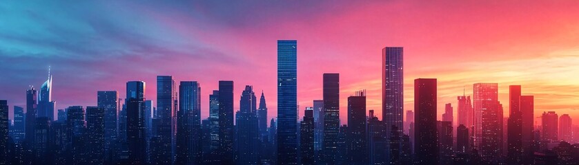 Fototapeta premium A stunning skyline at sunset, showcasing tall structures against a vibrant pink and blue sky.