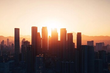 Fototapeta premium A stunning skyline at sunset showcasing modern skyscrapers silhouetted against a vibrant orange sky.