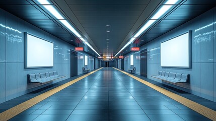 Obraz premium Modern Subway Station Platform Design: Clean, Minimalist Aesthetic with Blank Advertisement Space