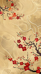 Elegant Red Cherry Blossom Branches Against a Golden Swirl Background, Perfect for Spring, Nature Themes, and Decorative Purposes in Various Designs