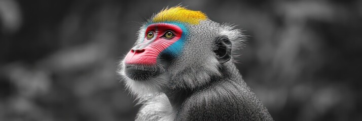 Fototapeta premium A vibrant monkey portrait with colorful facial features against a black-and-white background.