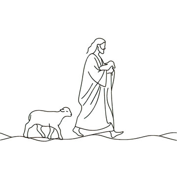 recommend clip art: Minimal line art vector-style image of Jesus christ walking with a lamb