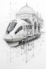 Detailed architectural illustration of a modern train at an ornate station with intricate design elements