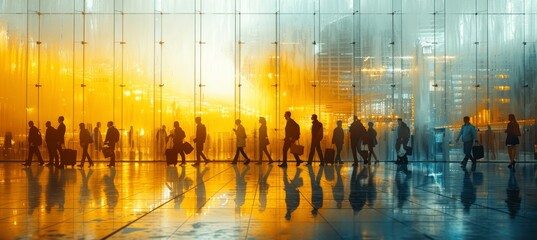 Blurred Silhouettes of Business People Walking in an Airport with Yellow Overlay