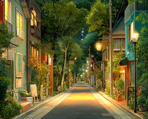 Obraz premium A serene nighttime street scene lined with charming houses adorned with greenery and illuminated by soft streetlights, perfect for illustrating urban culture, travel, or lifestyle themes,