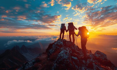 Teamwork in Sunset Mountains: Group of Hikers Helping Each Other Reach the Top