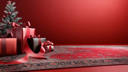 Area Rugs isolated on red Christmas background with bow ribbon present with copyspace for your text advertising photography