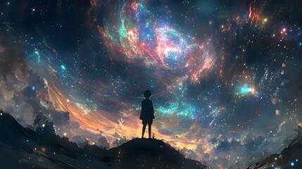 Fototapeta premium A person looking up at the stars with a sense of wonder symbolizing the pursuit of new dreams and ambitions