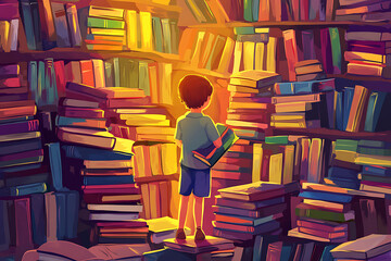 Obraz premium A child stands among colorful books, exploring a magical library filled with knowledge.