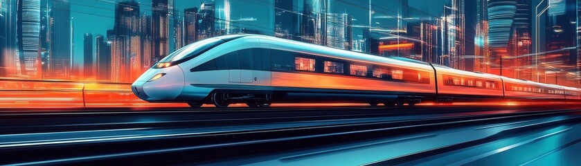 Fototapeta premium A futuristic high-speed train speeds through a vibrant cityscape, illuminated with neon lights against a backdrop of modern skyscrapers.