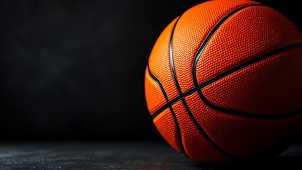 Obraz premium Dark web banner with detailed orange basketball and copy space for text. Professional sports backgrounds