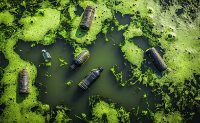 Plastic bottles polluting a green algae-covered pond; environmental pollution concept.