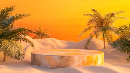 5. A desert oasis with a smooth, stone podium set against tall palm trees and sand dunes, with the warm orange hue of the desert sun illuminating the scene