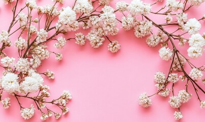 White flowers arranged in a frame on a pink background, leaving a central space for text or design.