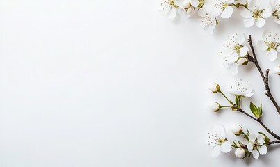 White flowers branches on white background, spring blossom, copy space.