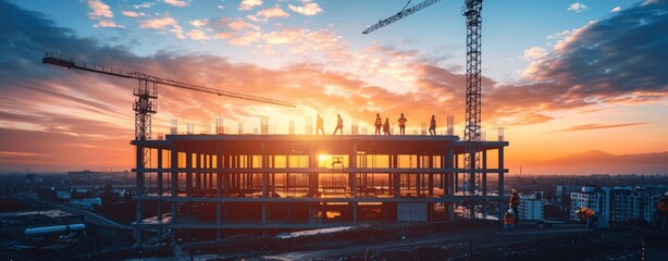 urban construction site at sunset with steel frame structure and cranes