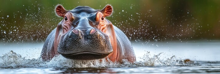 Fototapeta premium A close-up of a hippo emerging from water, showcasing its large head and playful splashes.