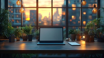 Fototapeta premium Sunset Cityscape View from Cozy Home Office
