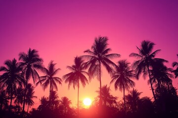 Tropical Sunset Palm Trees Silhouettes Over Ocean with Vibrant Sky and Golden Glow