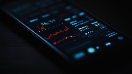 Obraz premium Close-up of smartphone displaying financial data graphs and charts in dark setting.