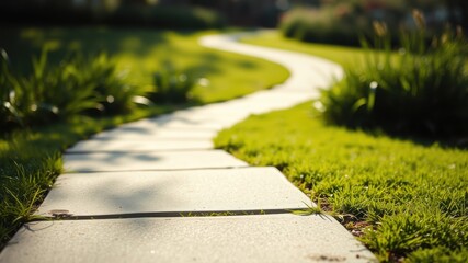 Serene Garden Path A Gentle Curve of Stone Through Lush Green Grass