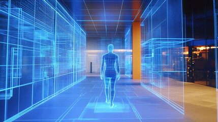 Obraz premium A holographic navigation system guiding a person through a complex building (3)