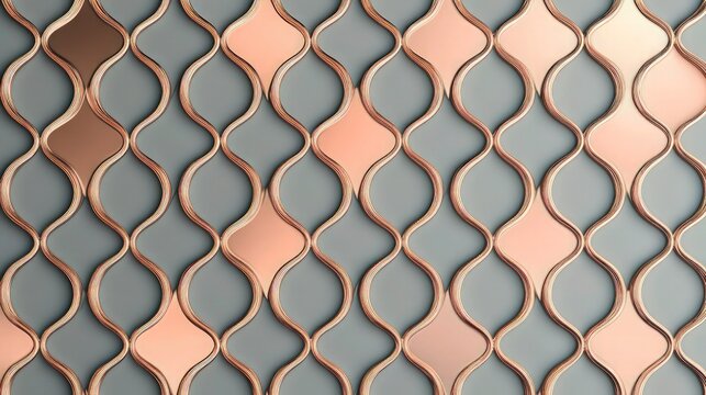 A sophisticated pattern of overlapping diamond shapes in a radiant rose gold on a muted gray background. The combination of colors adds warmth and elegance to the design.