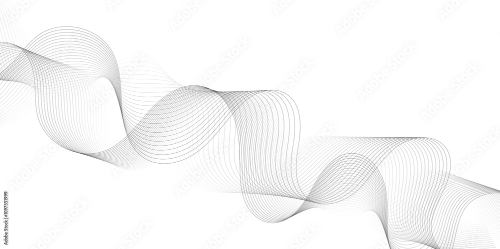 Poster Abstract wavy technology curve lines on transparent background. Wave with lines created using blend tool. Curved wavy line, smooth stripe, abstract wave line use for brochure, banner, template bg.	