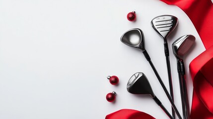 Golf Clubs isolated on white Christmas background with bow ribbon present with copyspace for your text advertising photography