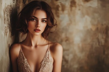 Fototapeta premium Elegant woman portrait, wearing a stylish dress, classic beauty captured in warm tones 