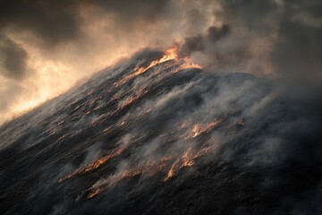 Fototapeta premium Dramatic aerial shot of a hillside engulfed in flames, thick smoke billowing upwards against a dark, moody sky.
