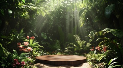 11. A tropical jungle clearing with a wooden podium set among towering ferns and flowering plants, light filtering through the canopy above
