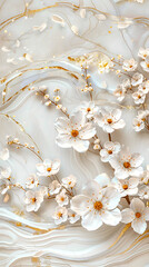 Elegant white cherry blossoms and delicate twigs on a luxurious marble background, showcasing intricate patterns with shiny golden accents and soft flowing textures.