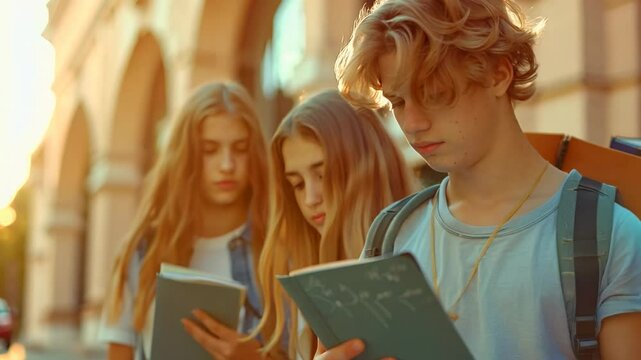 Three friends gather in a charming courtyard, engrossed in their notebooks. The warm afternoon sun sets a vibrant backdrop for their inspiring discussion and creative exploration.