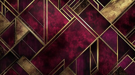 A lavish design featuring deep burgundy and gold geometric shapes. The background has a rich velvet texture with intricate patterns, exuding elegance and sophistication.