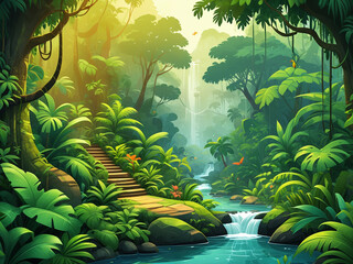 Generated cartoon drawing illustration of a lush green thick rainforest jungle.