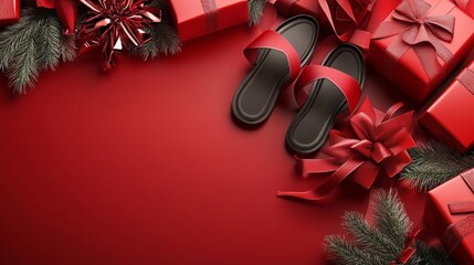 Sandals isolated on red Christmas background with bow ribbon present with copyspace for your text advertising photography