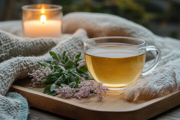Fototapeta premium A soothing scene with a cup of motherwort tea on a wooden tray, accompanied by fresh sprigs in a warm, calming atmosphere