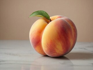 A single peach with a flawless skin, placed on a smooth, white marble surface.