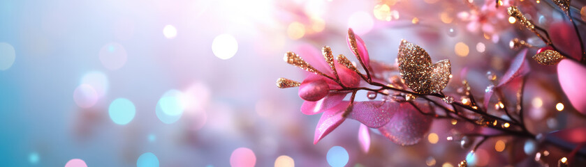 Blossoming branches with glittering accents vibrant bokeh background nature photography soft lighting artistic concept