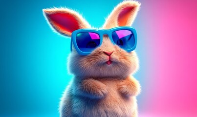 Fototapeta premium Cute Fluffy Rabbit with Sunglasses on Colorful Background