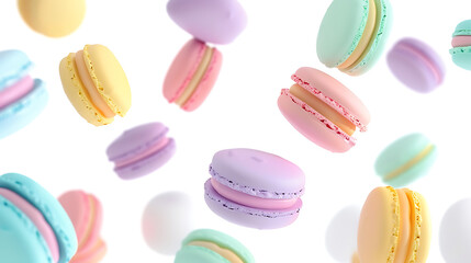 Colorful Macarons Floating in Air on White Background, Sweet Treats for Celebrations, Bakery Delights with Pastel Shades and Whimsical Presentation