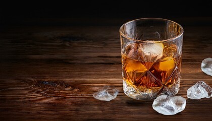 クラシックなロックグラスに注がれた琥珀の一滴、木目の美しい背景
