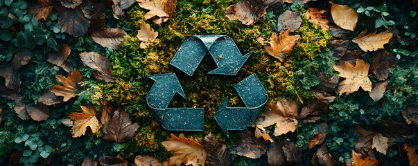 Recycle Symbol Among Autumn Leaves And Moss
