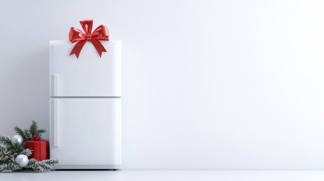 Smart Refrigerators isolated on white Christmas background with bow ribbon present with copyspace for your text advertising photography - Powered by Adobe