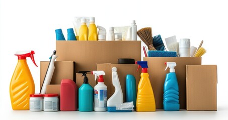 Cleaning Supplies Organized in Cardboard Boxes