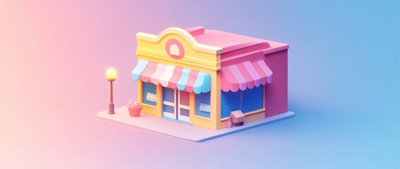 A colorful, playful storefront with awnings, a lamp post, and decorative elements.