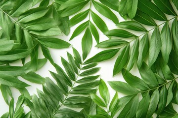 Obraz premium Green tropical leaves texture, perfect for backgrounds and digital designs, on solid white background, 